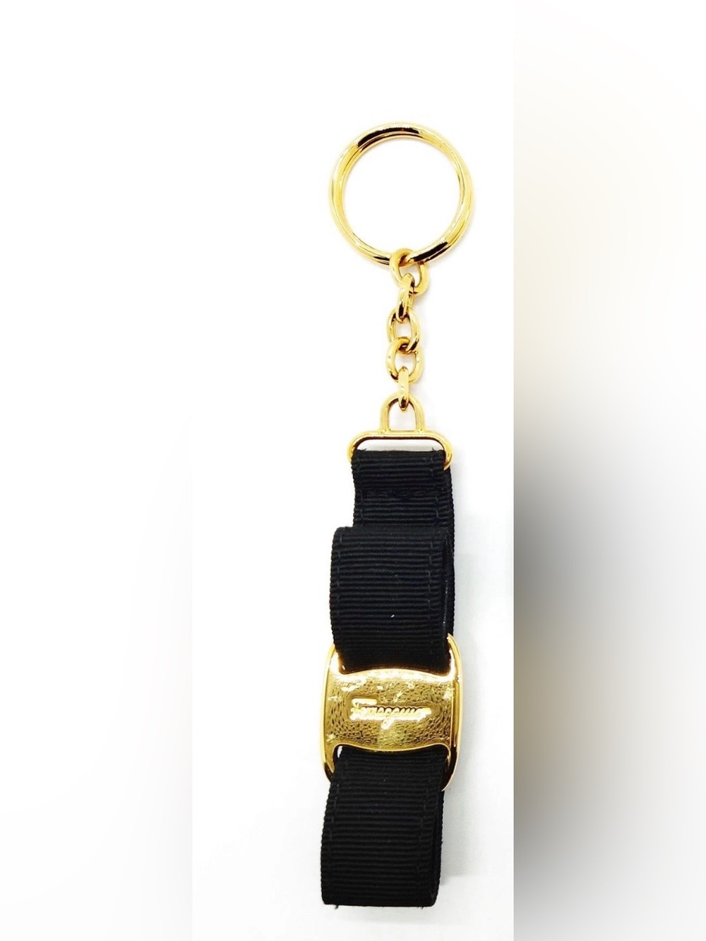 Salvatore Ferragamo Gold Buckle Black Ribbon Keychain box included
